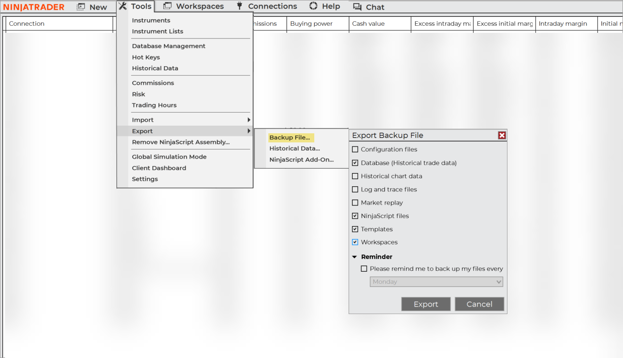 NinjaTrader Control Center Tools menu open to Export then Backup File, with the Export Backup File options dialog showing Database, NinjaScript files, Templates and Workspaces checked