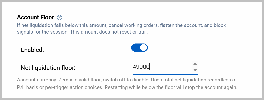 The Account Floor control in the monitor editor, with an enable switch and a net liquidation floor amount