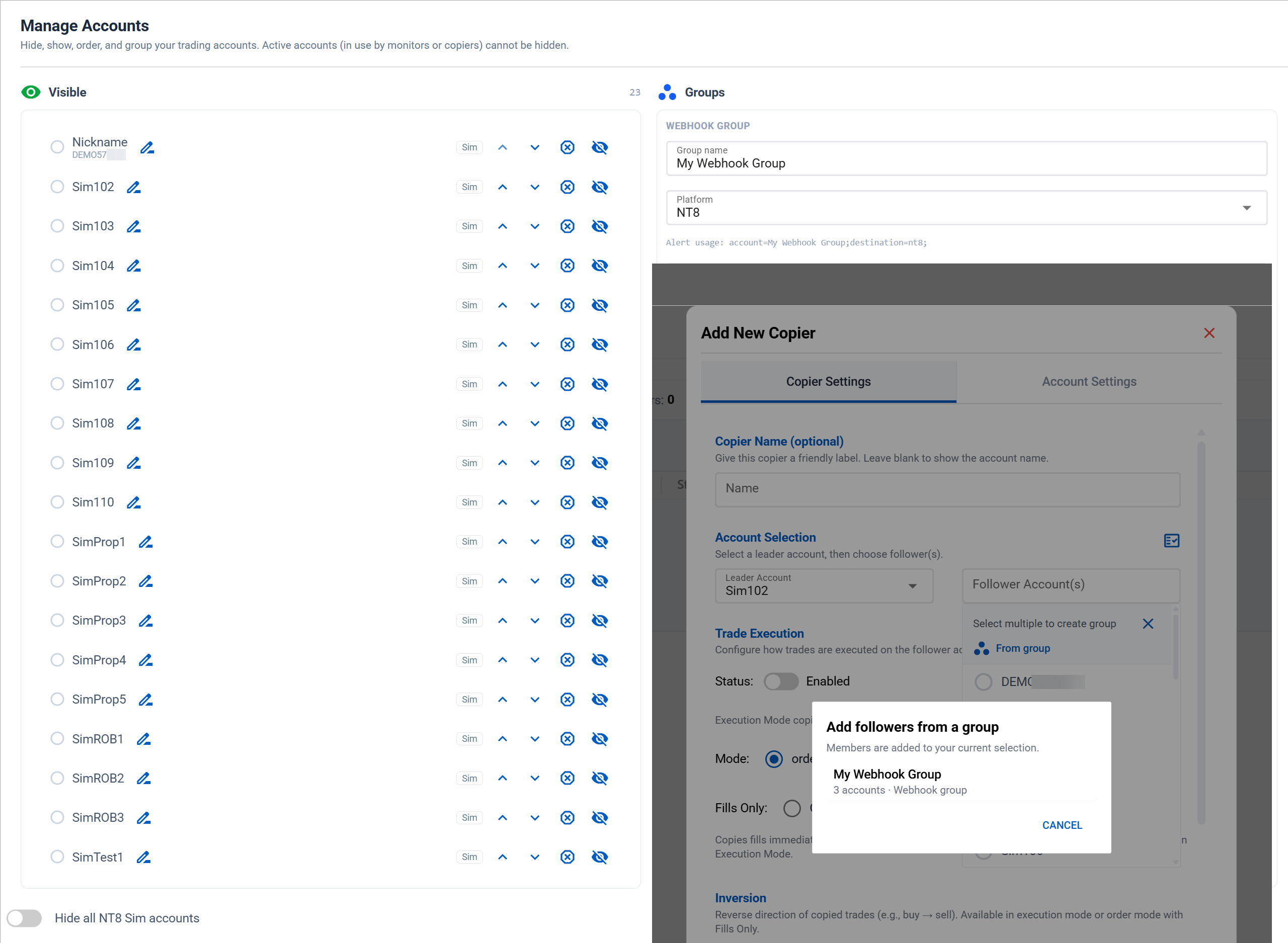 Manage Accounts modal with visibility, nicknames, and account groups