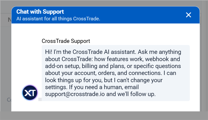 The CrossTrade AI Assistant chat window answering a setup question
