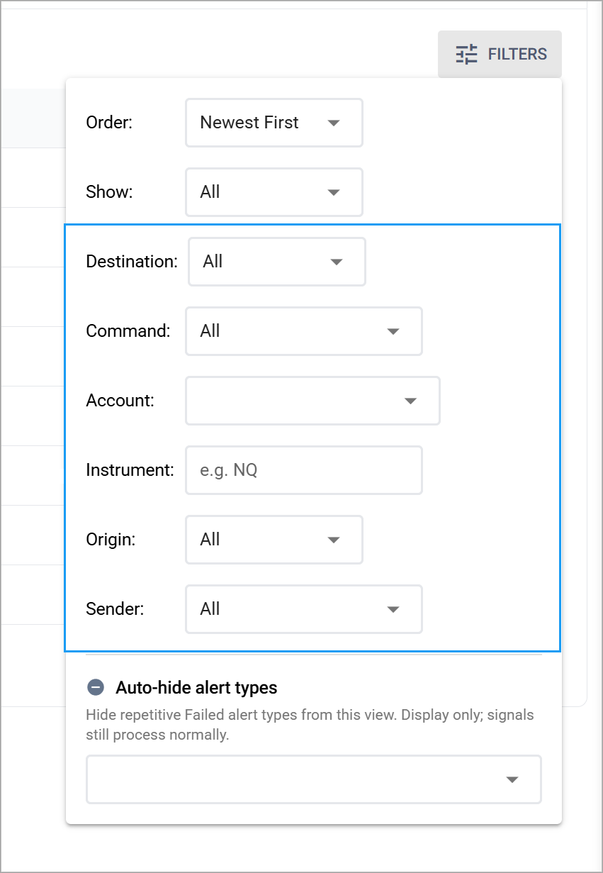 Alert History with origin and sender badges and the expanded filter set