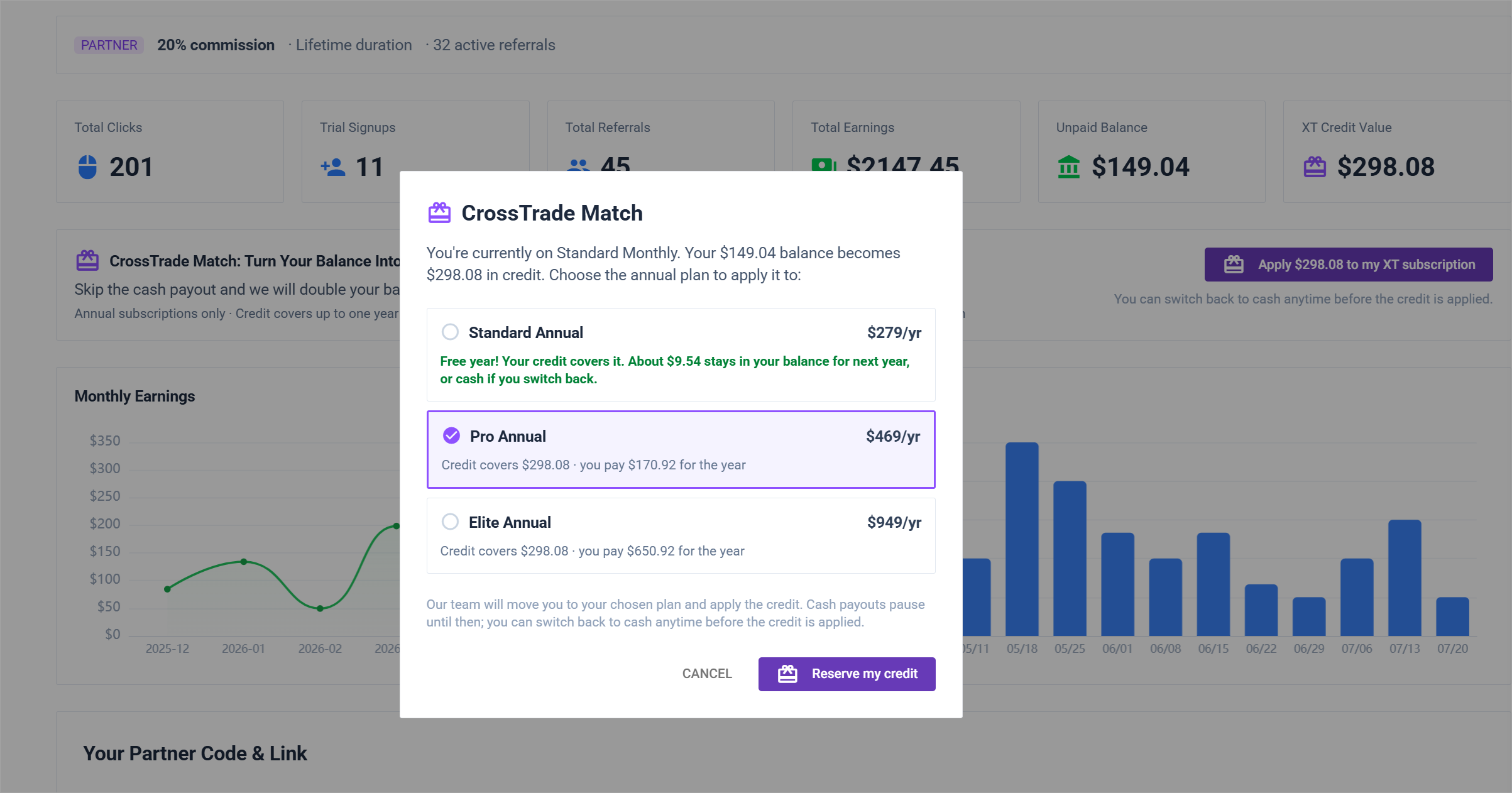 CrossTrade Match election on the Affiliates dashboard showing doubled credit value