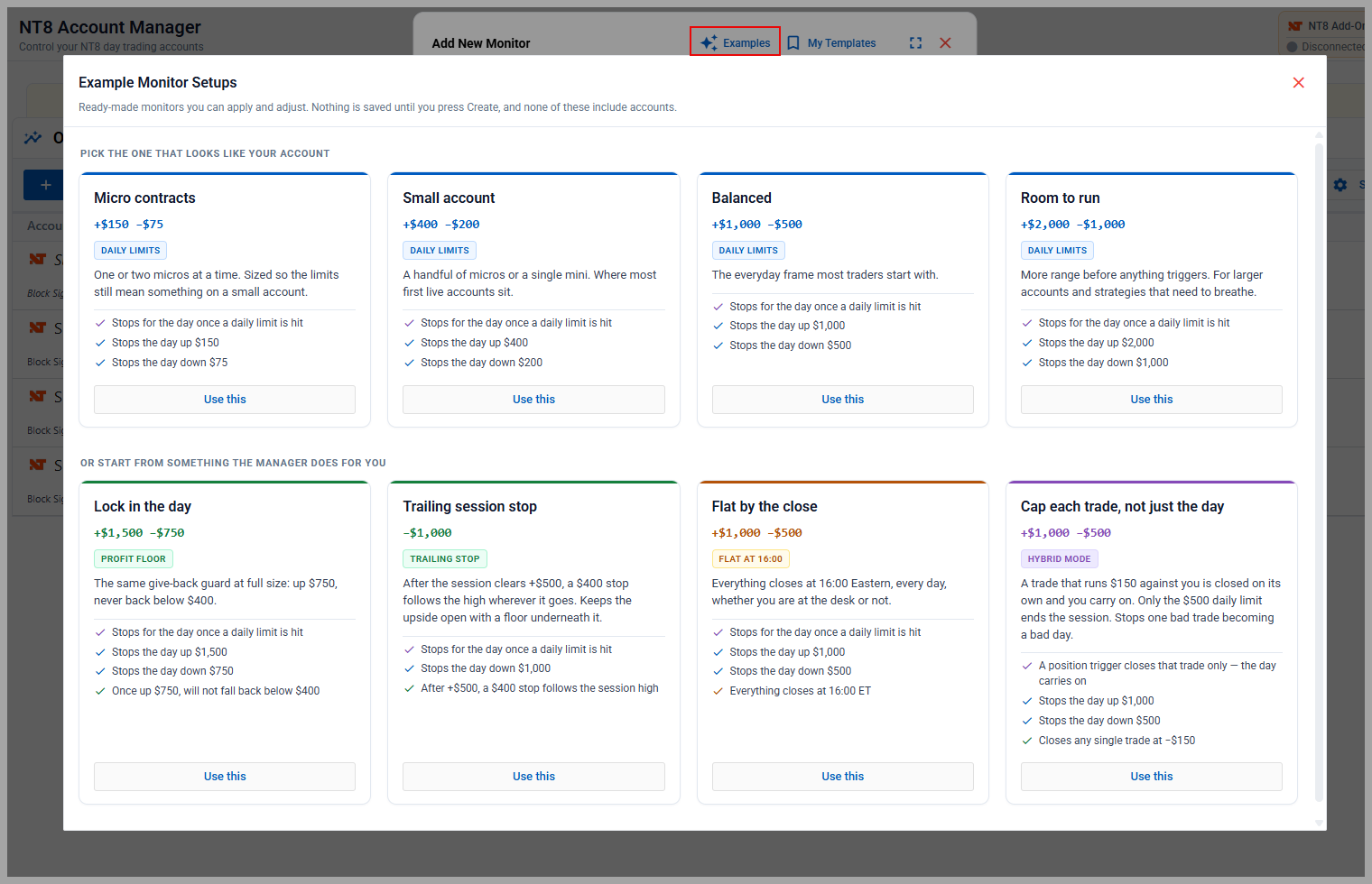 Template picker showing saved templates alongside the starter templates CrossTrade ships