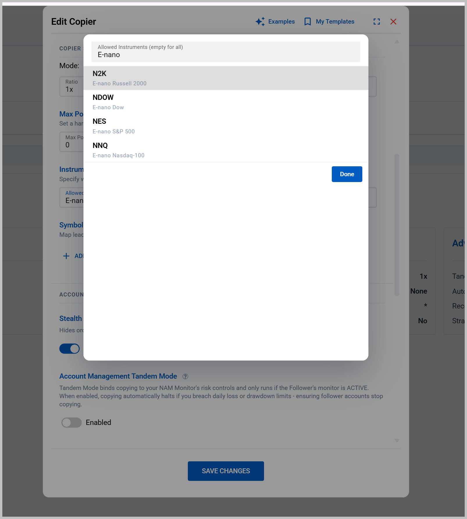 Instrument picker dialog showing each symbol with its contract description, filtered by a search term