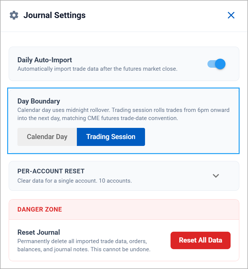 Day Boundary toggle: Calendar Day vs Trading Session
