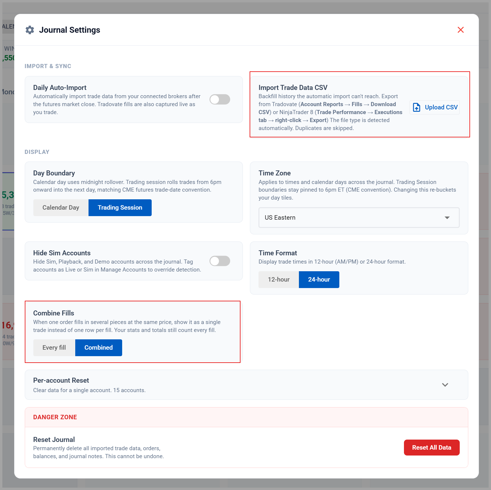 Journal settings modal with the Import Tradovate CSV option