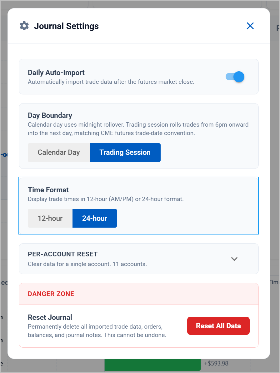 12-hour / 24-hour time format toggle in the analytics header Settings menu