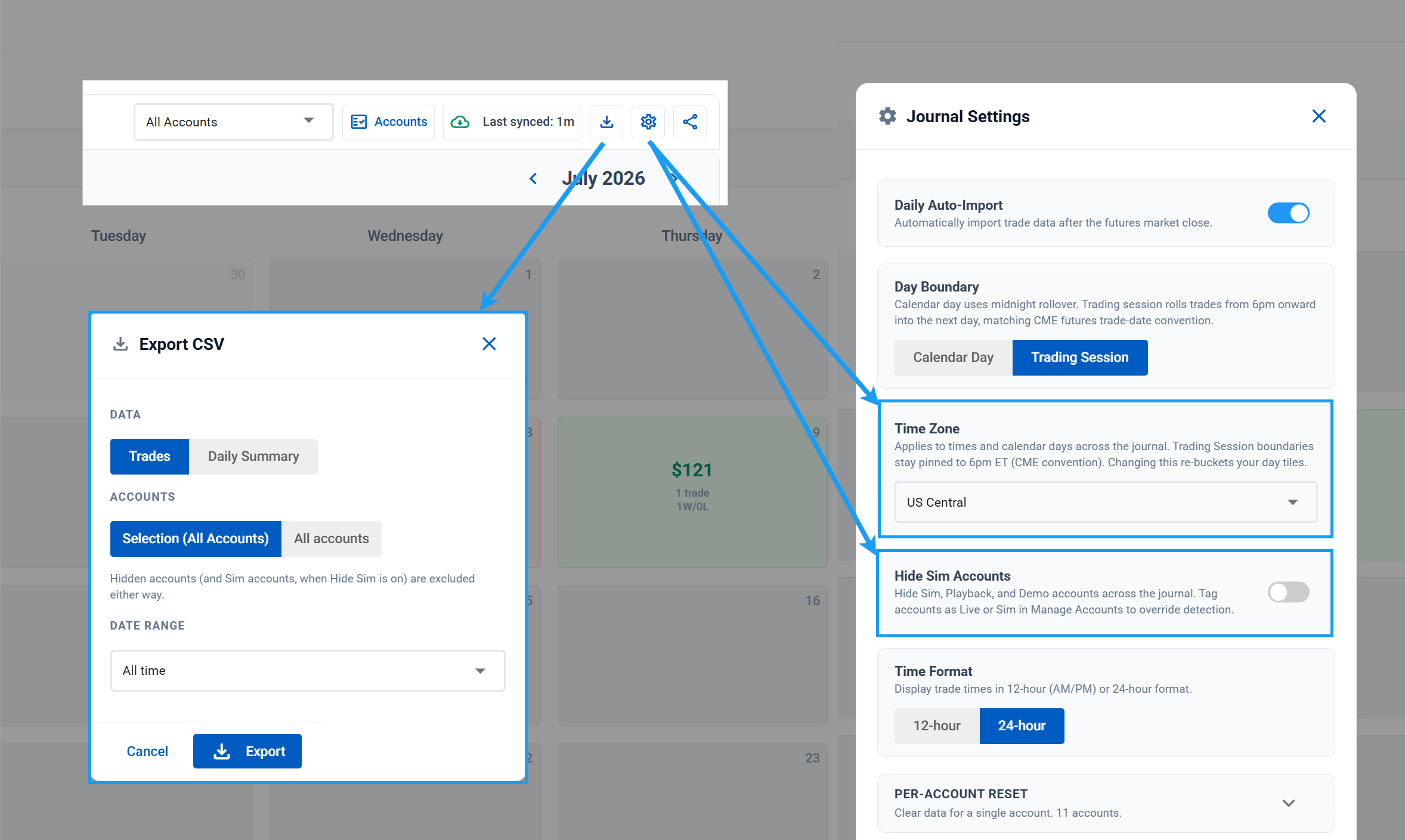 Journal Settings with Time Zone, Hide Sim Accounts, and the Export CSV modal
