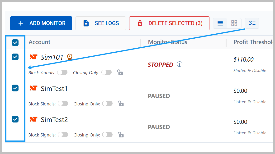 Select mode enabled on the copier grid, with several rows checked and Delete Selected in the header