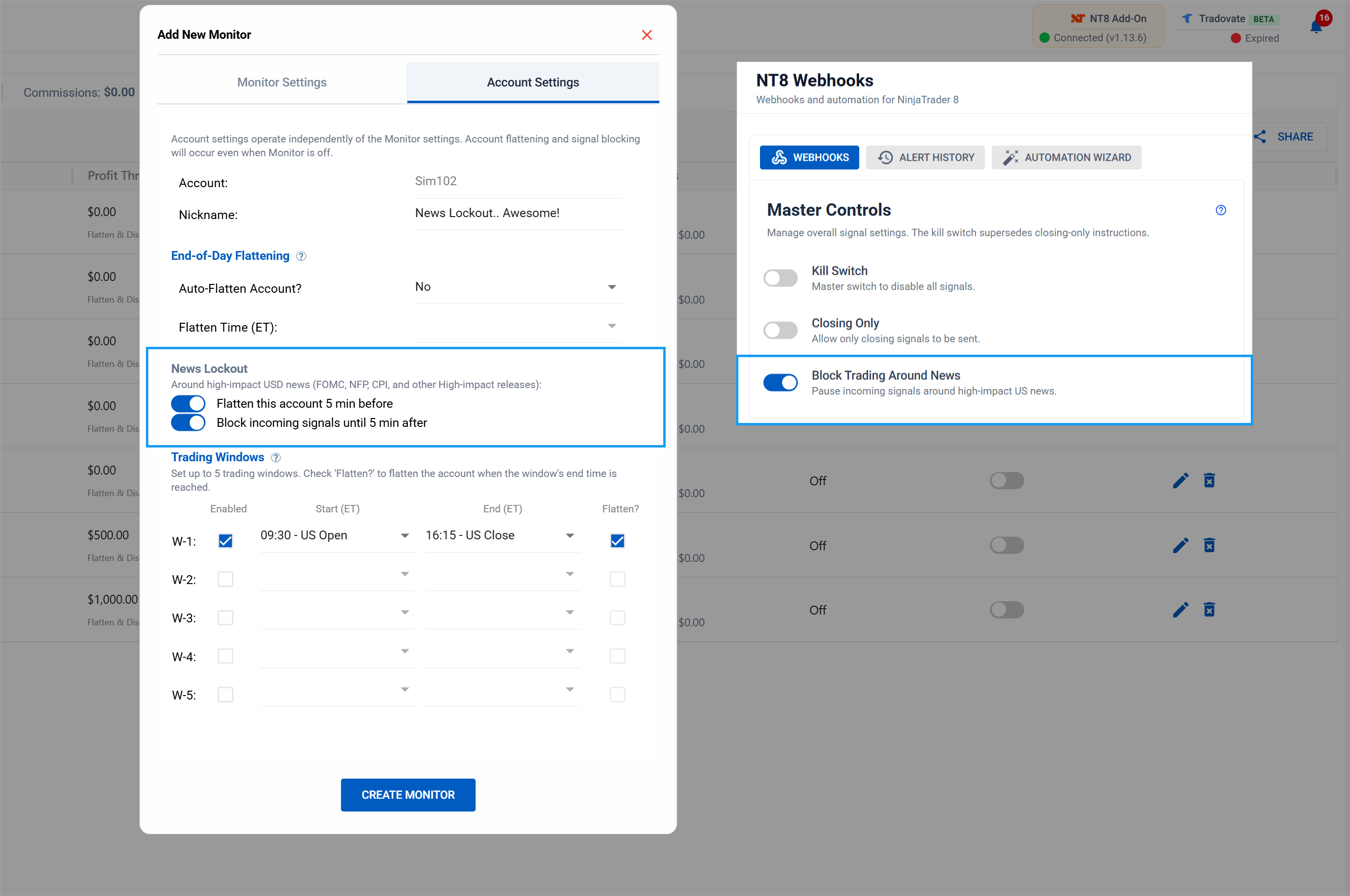 News Lockout controls in Account Manager and the Block Trading Around News toggle in NT8 Webhooks