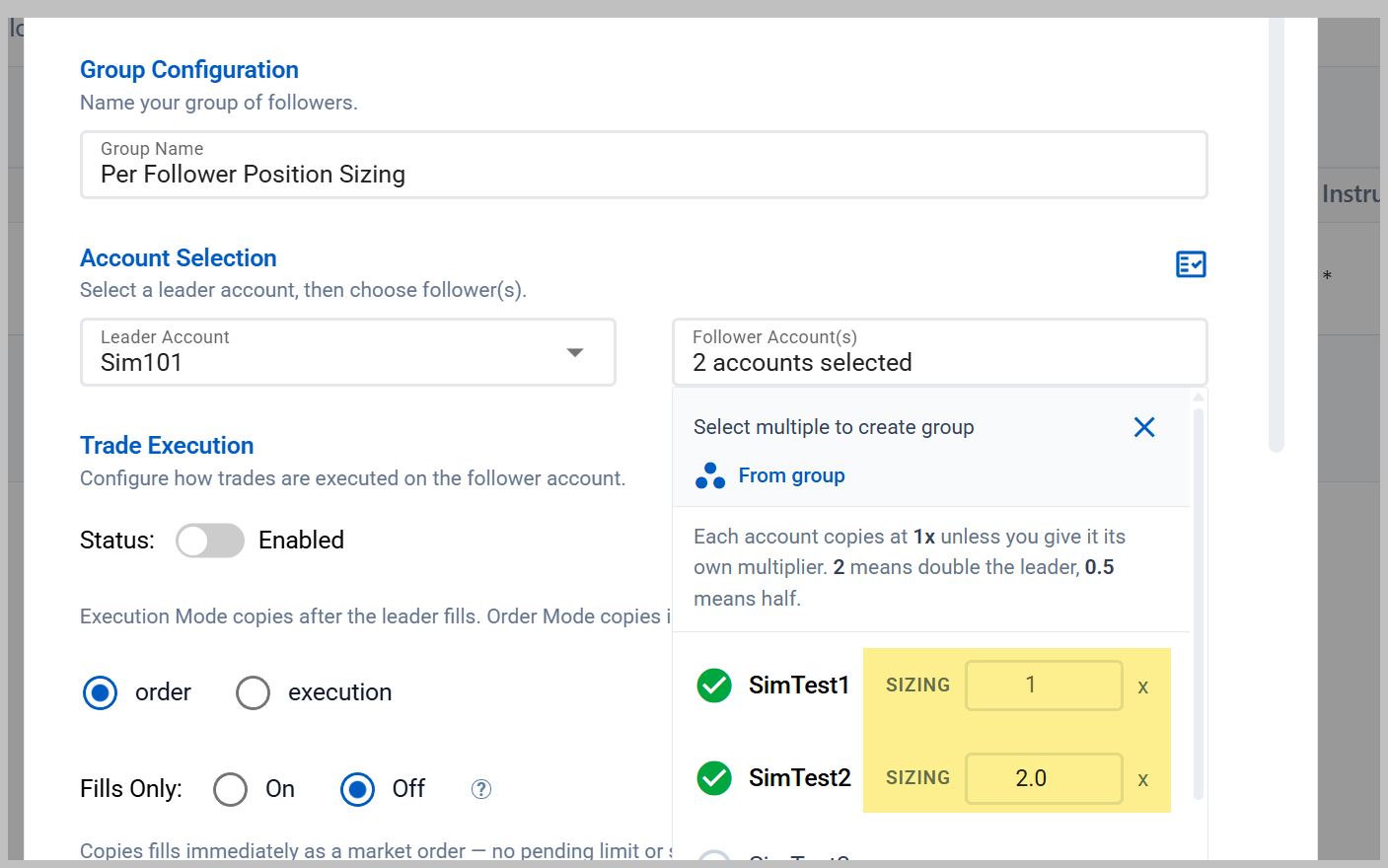 Trade Copier follower list with a per-follower size multiplier on each account