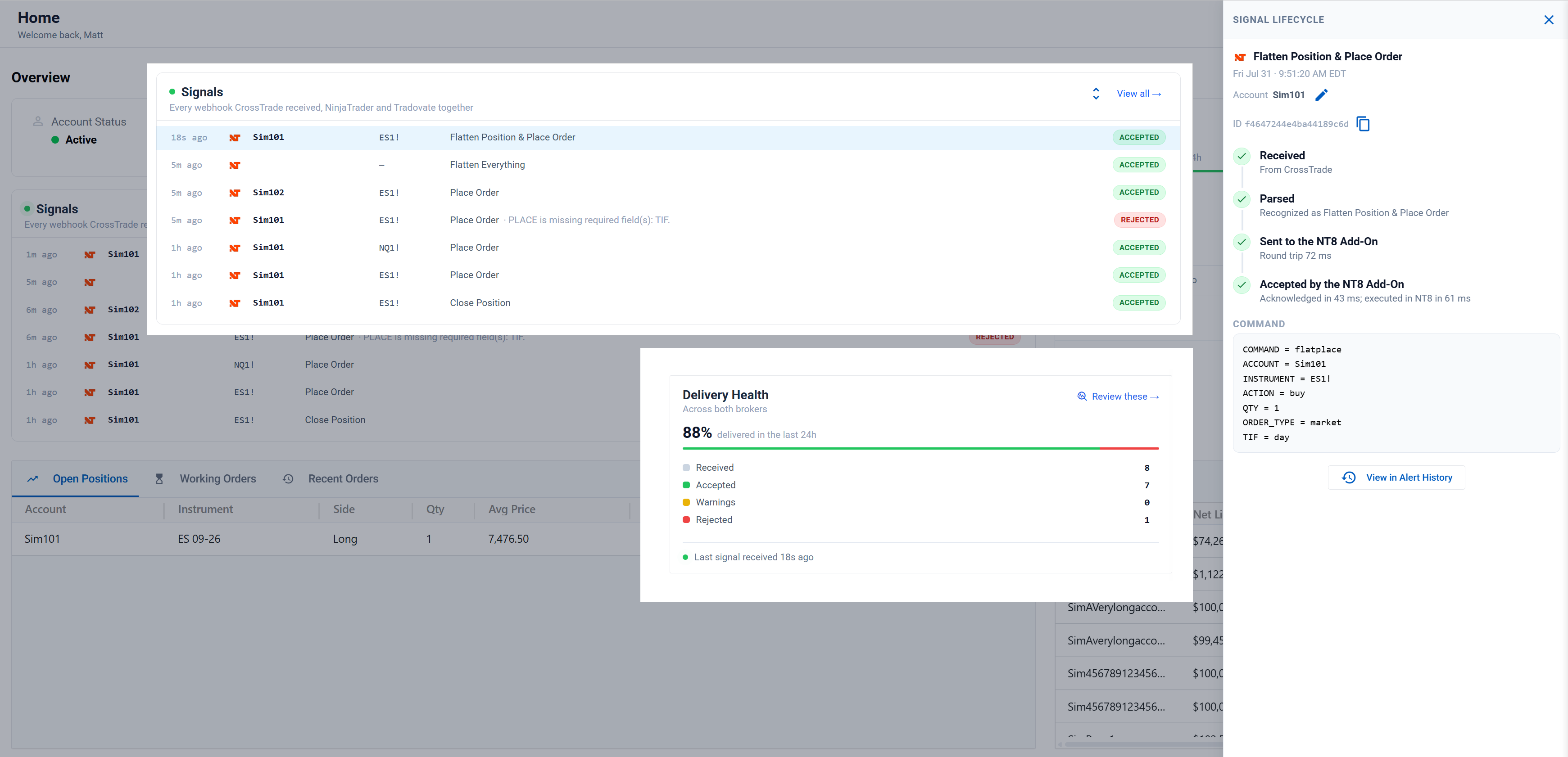Home page Live Signals feed with the Signal Summary card