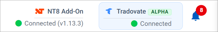 Tradovate broker pill and live-data mode toggle in the header
