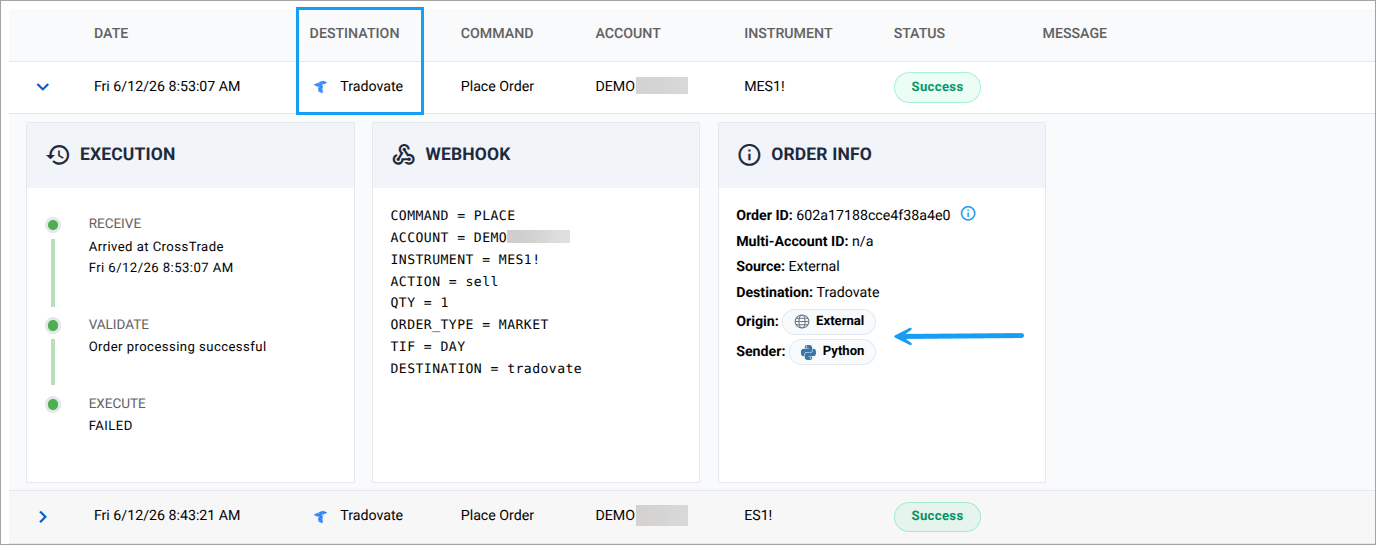 Alert History row routed to Tradovate via the destination line, with the expanded order info