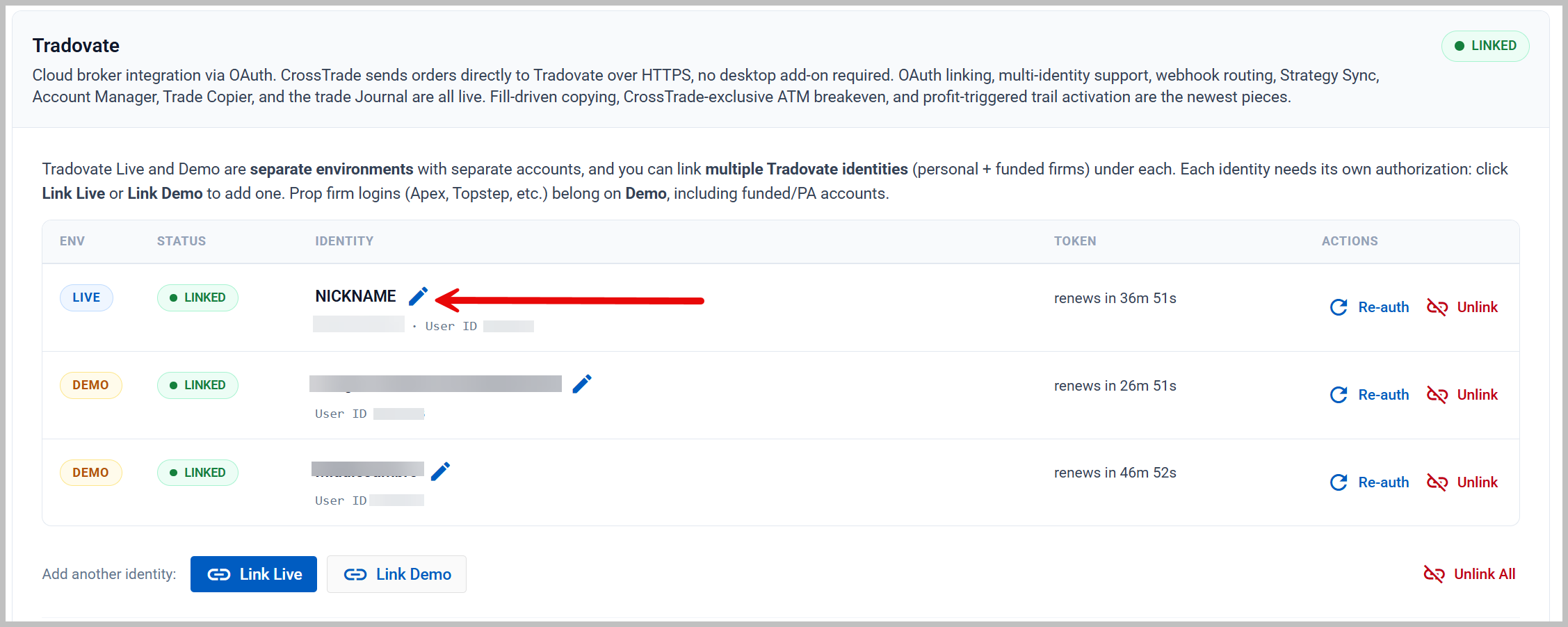 My Account showing each linked Tradovate identity with an editable nickname above the raw broker identity