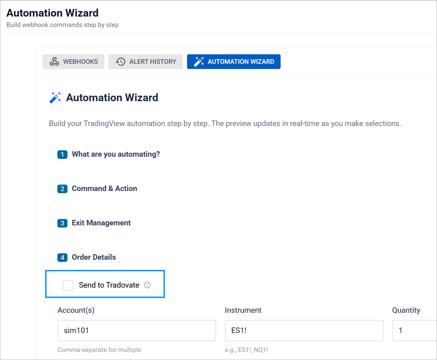Automation Wizard Order Details step with the Send to Tradovate toggle at the top, emitting destination=tradovate; in the payload preview